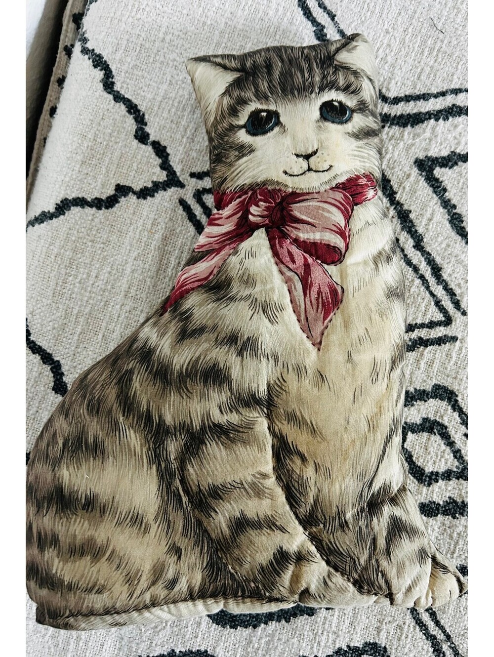 VTG 70s Cut and Sew Fabric Grey Tabby Cat Pillow Doll Pink Bow Handmade